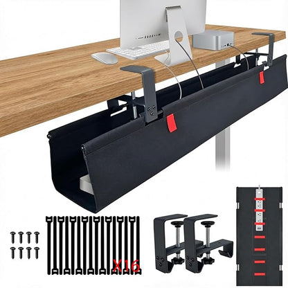 Under Desk Cable Management,No Drill 36",cord organizer,with Silicone Pads (No Scratch!)16 Cable Ties,Washable PE Honeycomb Base,Clamp/Screw Mount-Fits Any Desk 0-2.1",No Stinky Cardboard! Black