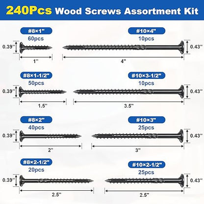 240Pcs Deck Screws, #8#10 Wood Screws Assortment Kit, 8Sizes Assorted Screw Set, Rust Resistant Torx Screws with Flat Head, Black Screw Kit for Woodworking Projects, Star Bit Included