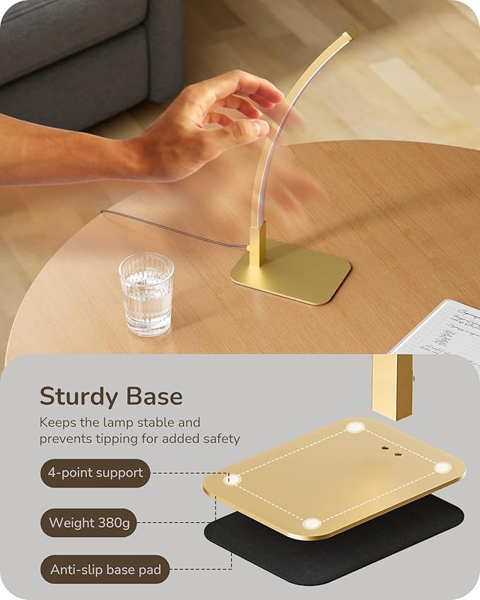 EDISHINE Curved LED Table Lamp, Modern Bedside Lamp with 3 Color Temperature & Stepless Dimming, Aluminum & Iron, Nightstand Lamp for Bedroom, Living Room, Gold