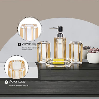 4-Piece Gold Bathroom Accessories Set — Soap Dispenser, Soap Dish, Mouthwash Cup & Toothbrush Holder, Acrylic with Brushed Gold Accent, Luxury Bathroom Vanity Countertop Organizer for Home