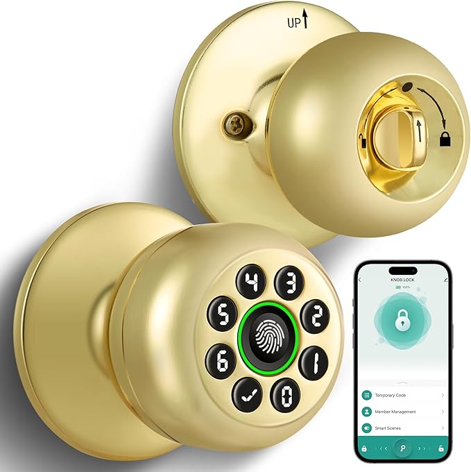 Fingerprint Door Lock, Smart Fingerprint Door Knob with Keypad, Biometric Door Lock with App Control, Auto Lock Door Lock with Code, Keyless Door Knob with Lock for Bedroom, Home,Office-Brass