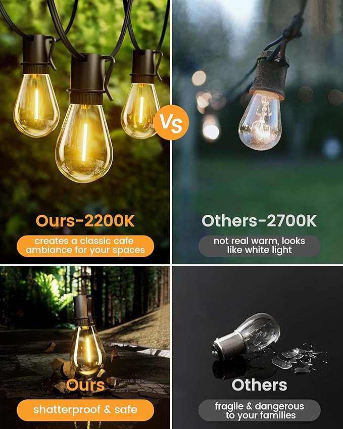 Torkase 50FT Solar Patio Lights Outdoor 15+1 Shatterproof LED Bulbs USB Rechargeable Waterproof Remote Control for Garden Porch Deck Camping