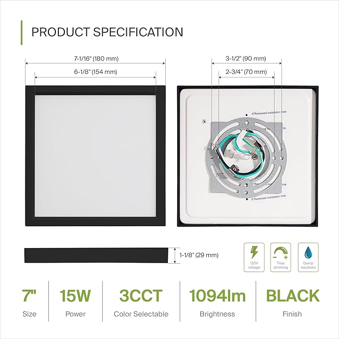 ASD LED 7" Square Flush Mount Light | 15W 1100LM 3000-5000K 120V | 3CCT, Dimmable, Ultra Slim, ETL Listed | Thin Surface Lamp, Bedroom Ceiling Lighting | Black, 6 Pack
