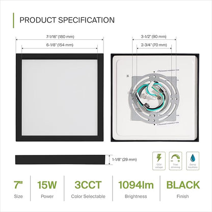 ASD LED 7" Square Flush Mount Light | 15W 1100LM 3000-5000K 120V | 3CCT, Dimmable, Ultra Slim, ETL Listed | Thin Surface Lamp, Bedroom Ceiling Lighting | Black, 6 Pack