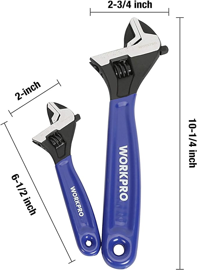 WORKPRO 2-Piece Adjustable Wrench Set, 6-Inch & 10-Inch Wide Jaw Black Oxide Wrench, Cr-V Steel, Metric & SAE Scales, Max Jaw Opening 15/16" & 1-5/16", for Home Repairs, Plumbing, Garage Work