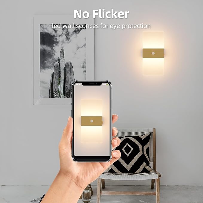 2 Pack Motion Sensor Gold Wall Lights, Morden Cordless Battery Operated LED Wall Lantern, Warm Light Wireless Decorative Gold Wall Sconces for Bedroom Living Room Hallway Garden Garage