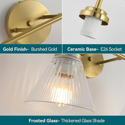 Modern Bronze Bathroom Vanity Light, 2-Light Wall Sconce with Clear Ribbed Glass Shades, Farmhouse Industrial Light Fixture for Bathroom, Vanity Mirror, Powder Room, Hallway (bronze, Eletroplate, 2)