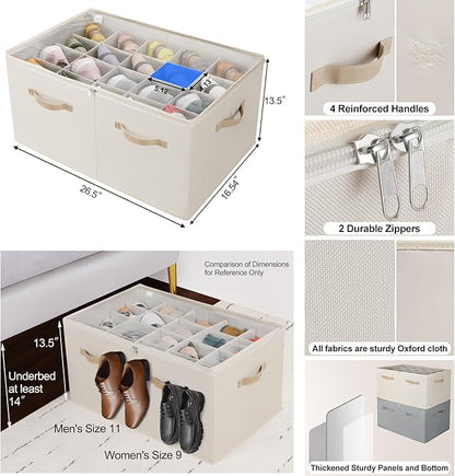 Shoe Organizer for Closet, Foldable Shoe Box with Adjustable Dividers and Clear Cover, Space Saving Shoe Storage Organizer Cabinet with Reinforced Handles, Fits 20 Pairs, Beige TP10Y