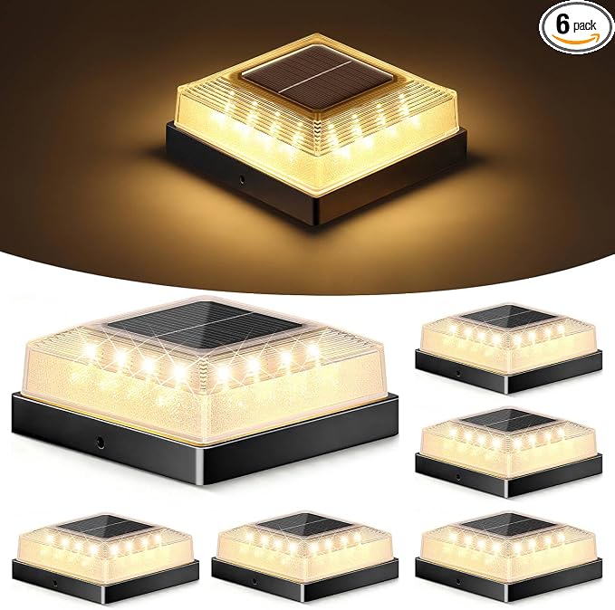 Brightever 3.5x3.5 4x4 Solar Post Cap Light Outdoor, 6-Pack Fence Post Solar Lights for Wooden/Vinyl Posts, 3 Lighting Modes, Solar Powered Waterproof Deck Post Lights for Garden Patio, Black