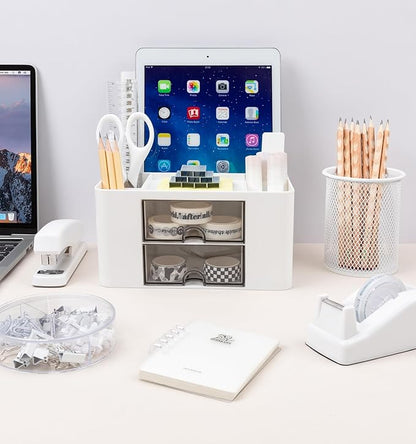 White Desk Organizers and Accessories 12+1Pcs, Office Supplies for Desk, Pen Organizer with 2 Drawers with Stapler,1000 Staples, Phone Holder, Tape Dispenser, Pen Holder, Sticky Note,Clips,Ruler,Etc