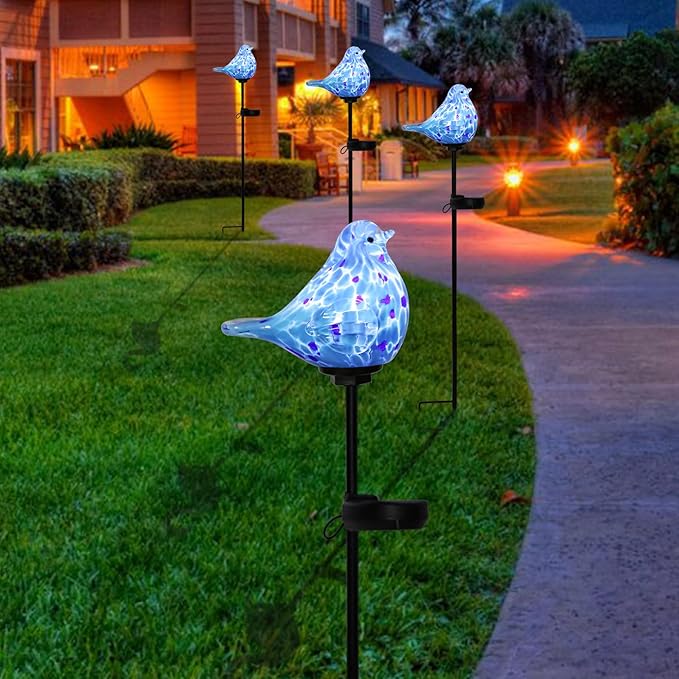 Bshine Solar Garden Decoration Outdoor Bluebird Lights, Hand Blown Glass Waterproof Solar Light Stake Decorate Paths, Pathways, Lawns and Yards Art for Mom Gifts