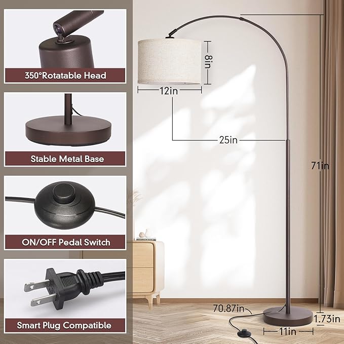 Seaside village Floor Lamp for Living Room, Arc Lamp with Adjustable Head, Modern Tall Lamp with On/Off Pedal Switch, Over Couch Standing Hanging Light for Reading, Bedroom, Office (Brown)