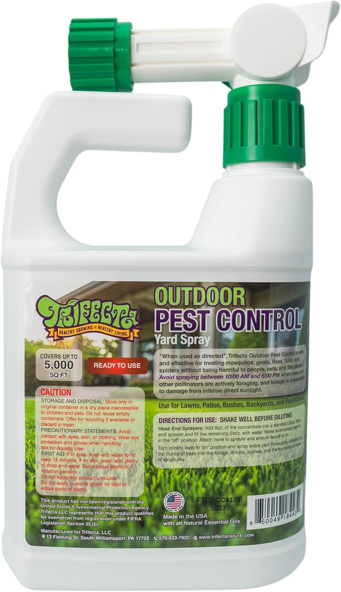 Trifecta Outdoor Pest Control | Natural mosquito repellent, tick, gnat, & mosquito backyard control | Pet & Kid Safe | Hose-End pest control spray for Lawns, Trees, Bushes, Patios & More (32oz 1-Pack)