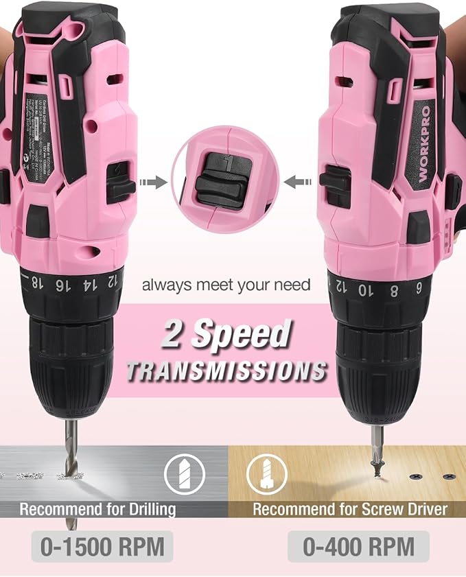 WORKPRO Pink Cordless Drill Driver Set, 12V Electric Screwdriver Driver Tool Kit, 3/8" Keyless Chuck, Charger and Storage Bag Included - Pink Ribbon