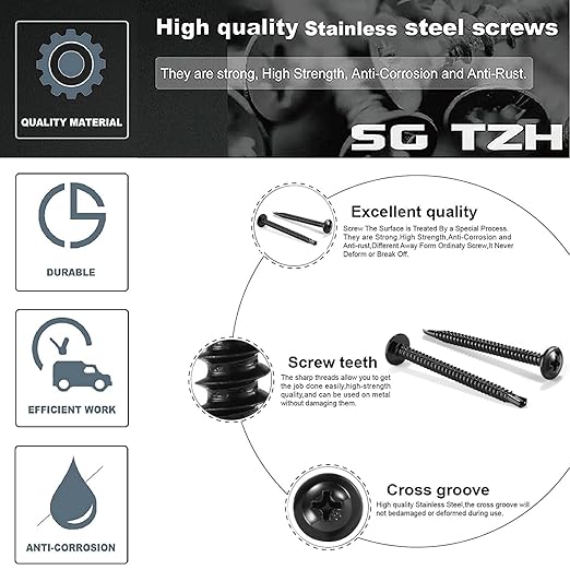 #10 x 1 Sheet Metal Screws 500PCS 410 Stainless Steel Truss Head Fast Self Tapping Screws Black Oxide by SG TZH