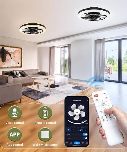 2 in 1 Wifi RGB-LED 20” Ceiling Fans with Lights and Remote, 3000-6500K Dimmable Flush Mount Smart Low Profile Ceiling Fan with Lights, Bluetooth Bladeless Fans with APP, for Bedroom, Black