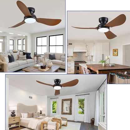 46 Inch Modern Ceiling Fans with Lights, Flush Mount Ceiling Fan, Remote/APP Control, 3 Reversible Curved Blades, 6 Speeds, 3 CCT Dimmable LED Lights for Living Room Bedroom, Brown