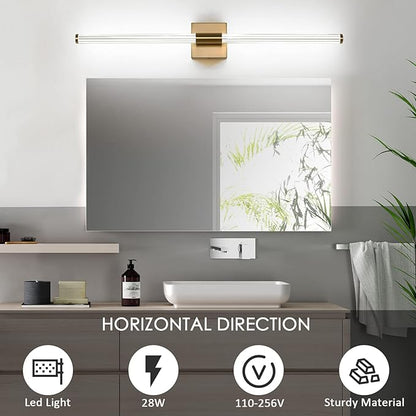 Modern LED Vanity Light, 360° Full Lighting Bathroom Light Fixture Over Mirror, 28W 5500K Cool White, Hardwired Wall Sconce, 31.6 Inch, Brass
