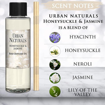 Urban Naturals Honeysuckle & Jasmine Reed Diffuser Oil Refill | Beautiful Floral Fragrance | Hyacinth, Neroli, Iris, Rose & Lily of the Valley | Includes Free Set of Reed Sticks! Made in the USA