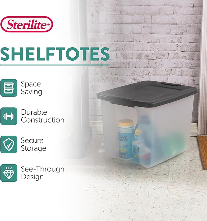 Sterilite 6-Pack ShelfTote, Clear Plastic Storage Bins with Lids, 50 Quart, Gray - Stackable Organizing Container Boxes for Closet, Bathroom, and Office