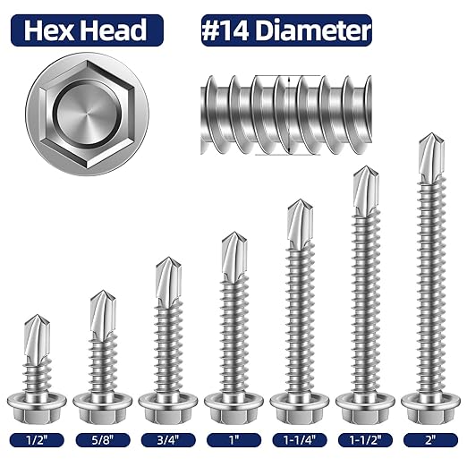 MewuDecor #14 x 3 (3/4" to 3" Available) Hex Washer Head Self Drilling Sheet Metal Screws with Drill Point, Stainless Steel 410, 25 PCS