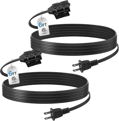 BN-LINK 6ft Indoor Extension Cord, 2 Pack, 3-Outlet Polarized Flat Cable, Household Power Cord for Home, Office, and Holiday Decorations, Black