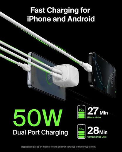 Belkin 2-Port USB C Charger Block 50W, Dual-Port GaN Charger w/ 2X USB C Ports & Included 1M C-C Cable, Fast Charging for MacBook, iPhone, iPad, Chromebook, Galaxy, Pixel - Travel Essentials - White