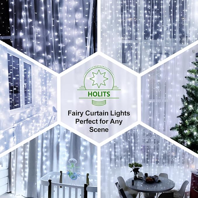 Fairy Curtain Lights Upgraded Tangle-Free Cool White USB Plug in 8 Modes String Hanging Lights with Remote for Christmas, Bedroom, Indoor, Outdoor, Weddings, Party (6.6FTx6.6FT)