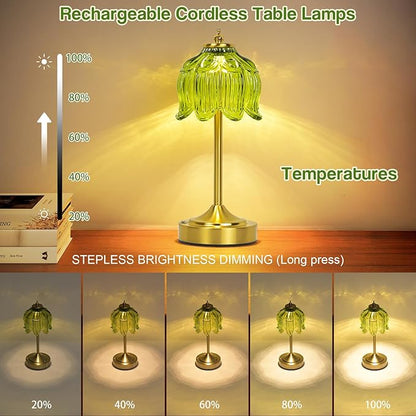 Cordless Lotus Flower Table Lamp, 5200mAh Rechargeable Battery Operated Portable Lamp, 3-Color Dimmable Touch Control Small Desk Lamp for Bedroom, Office, Kitchen, Nightstand,Room Decor(Green)