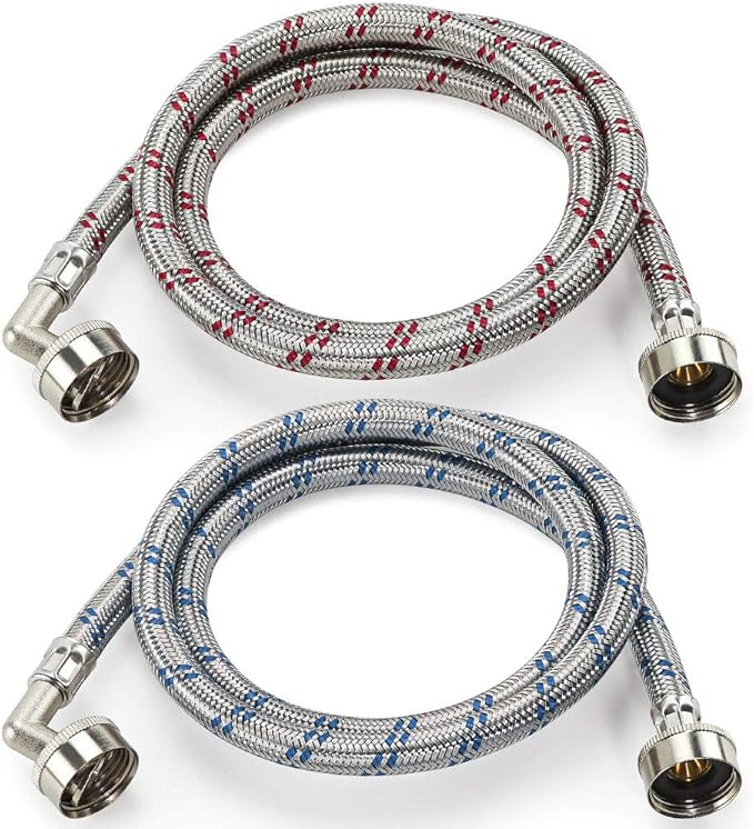 【UPGRADE】4FT Washing Machine Hoses with 90 Degree Elbow Premium Stainless Steel Burst Proof (cost-effective 2 pack) Red and Blue Striped Water Connection Inlet Supply Lines by Cenipar