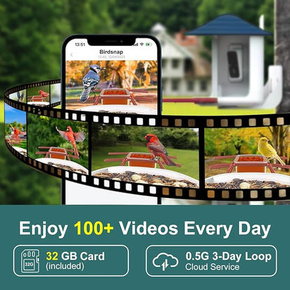 birdsnap® TUC Smart Bird Feeder with Camera 2K HD, Solar Panel 32GB Card 4-in-1 Perch, 160°View Auto Detect & Notify AI Identify Video Bird Camera Wireless Outdoors Ideal Gift for Birds Lover