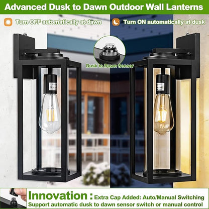 FILIYANO 16 inch Dusk to Dawn Outdoor Wall Light - 2 Pack Exterior Waterproof Outside Lighting, Modern Porch Sconces, Wall Mounted Fixtures, Industrial Anti-Rust Matte Black Lantern for Front Door