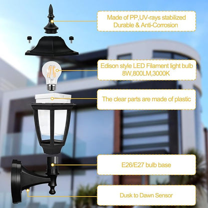 FUDESY Outdoor Wall Light Dusk to Dawn, Porch Sensor Light Black Plastic Anti-Corrosion with LED Edison Filament Bulb, Exterior Mount Lantern for House, Garage (2-Pack)