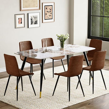 7 Piece Dining Table Set, 62'' Sintered Stone Dinner Table Set for 6, 6 Chair Dining Table Set, Easy to Assemble