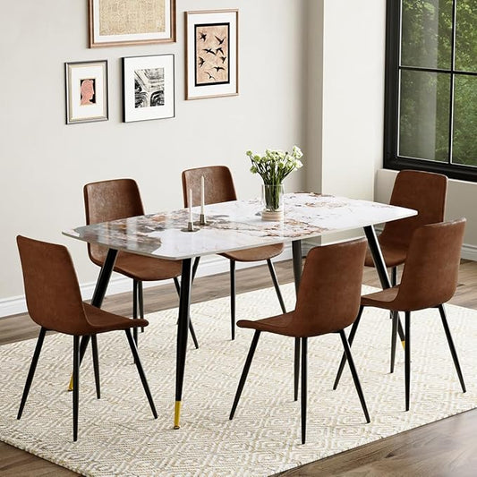 7 Piece Dining Table Set, 62'' Sintered Stone Dinner Table Set for 6, 6 Chair Dining Table Set, Easy to Assemble