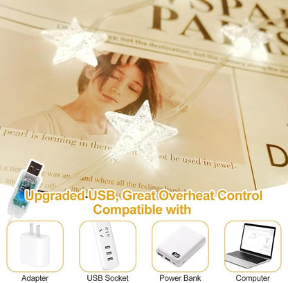 Star Curtain Lights Hanging Star Light for Window 70 Stars String Lights for Wall Décor USB Plug in 8 Modes Twinkle Fairy Lights for Christmas, Bedroom, Indoor, Outdoor, Weddings, Party (Warm White)