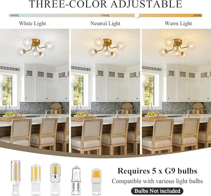 Sputnik Semi Flush Mount Ceiling Light Mid Century Modern Gold Ceiling Light 5 Lights Clear Glass Globe Chandelier for Bedroom Kitchen Entryway Closet