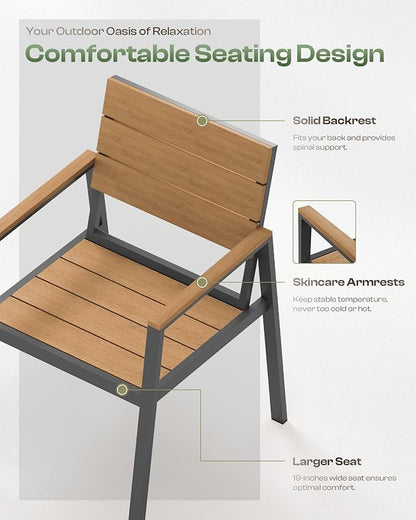 HDPS Outdoor Patio Dining Chairs Set of 2, 350LBS Capacity Aluminum Patio Dining Chairs with Armrests, Weather-Resistant for Lawn, Garden, Yard, Poolside and Indoor Use, Gray & Teak