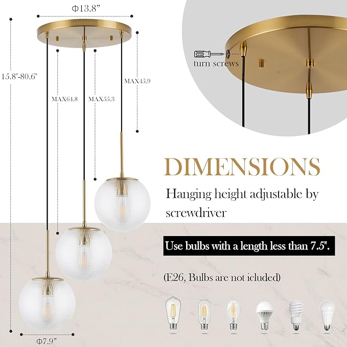 3-Light Glass Globe Pendant Light, Mid Century Modern Cluster Chandelier with Clear Glass, Vintage Gold Pendant Lighting for Kitchen Island, Staircase, Dining Room, Living Room
