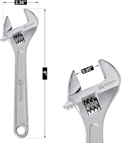Olympia Tools 8" Adjustable Wrench, Heavy Duty Drop Forged Steel, Chrome Plated, Precision Machined Jaws, Rust Resistant