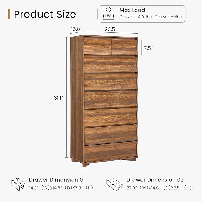 Tall Dresser for Bedroom, 61.1" Tall Dresser with 8 Drawers, Wood Dressers & Chests of Drawers, Accent Upright Drawer Organizers for Closet, Hallway