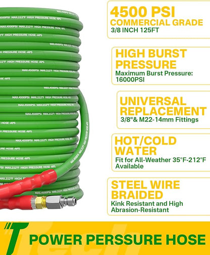 Pressure Washer Hose 125FT 3/8" for Cold and Hot Water 212°F, with Swivel Quick Connect, 4500PSI Kink Resistant Grade Steel Wire Braided, Power Washer Hose With 2pcs M22-14mm Adapter