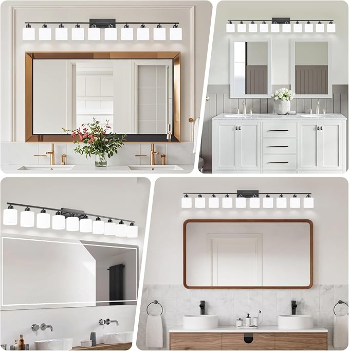 10 Light Black Vanity Lights for Giant Mirror, Bathroom Vanity Lights Over Mirror with Milky White Frosted Glass Shades,65 inch Bathroom Light Fixture for Mirrors, E26