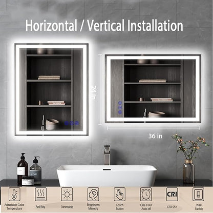 32x24 LED Bathroom Mirror with Lights LED Mirror for Bathroom Makeup Vanity Smart Mirror Lighted Front & Backlit,Stepless Dimmable Adjustable Brightness,Touch Switch,Shatterproof,Anti-Fog