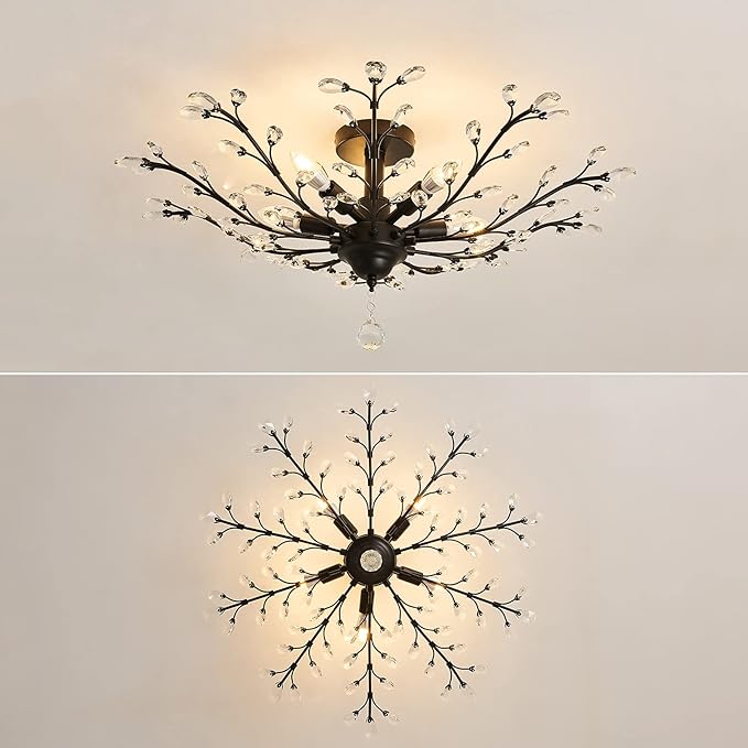 CVKASH 5 - Light Vintage Small Crystal Chandelier Modern Semi Flush Mount Ceiling Light Fixture Chandelier Lighting for Kitchen Bedroom Living Room Dining Room Hallway Foyer（Black）
