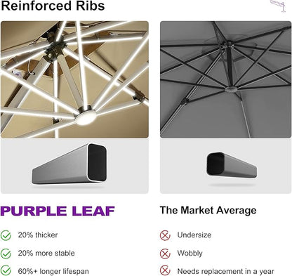 PURPLE LEAF 9' X 12' Double Top Deluxe Solar Powered LED Rectangle Patio Umbrella Offset Hanging Umbrella Outdoor Market Umbrella Garden Umbrella, Beige