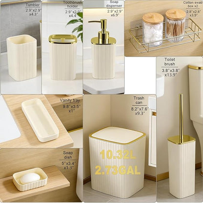 Bathroom Accessories Set-9PC Set, Complete Bathroom Decor & Home Decor, Bathroom Set with Toilet Brush, Trash Can, Soap Dispenser,Modern Home Bath (Beige&Gold, Bath Set)