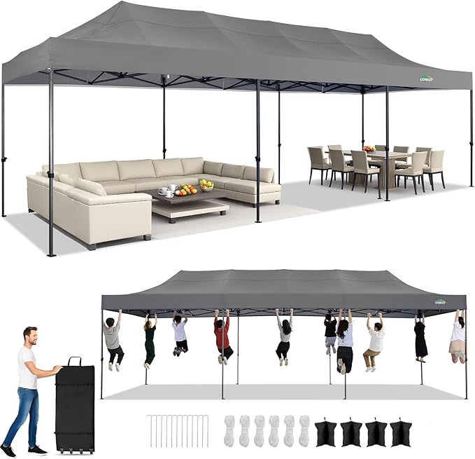 COBIZI 10x30 Pop up Canopy Tent Heavy Duty Without Sidewalls, Easy Set-up Commercial Outdoor Party Canopy, 100% Waterproof Wedding Gazebo, 3 Height Adjustable with Wheeled Bag, Gray