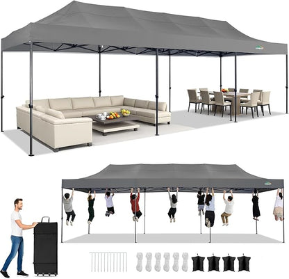 COBIZI 10x30 Pop up Canopy Tent Heavy Duty Without Sidewalls, Easy Set-up Commercial Outdoor Party Canopy, 100% Waterproof Wedding Gazebo, 3 Height Adjustable with Wheeled Bag, Gray
