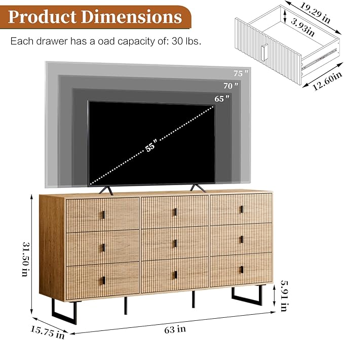 Modern Chest of Drawers with 9 Drawers,Deep Drawers,Clothes Organizer,Large Storage Cabinet for Living Room, Bedroom,Hallway,with Anti-Tipping Device, Oak